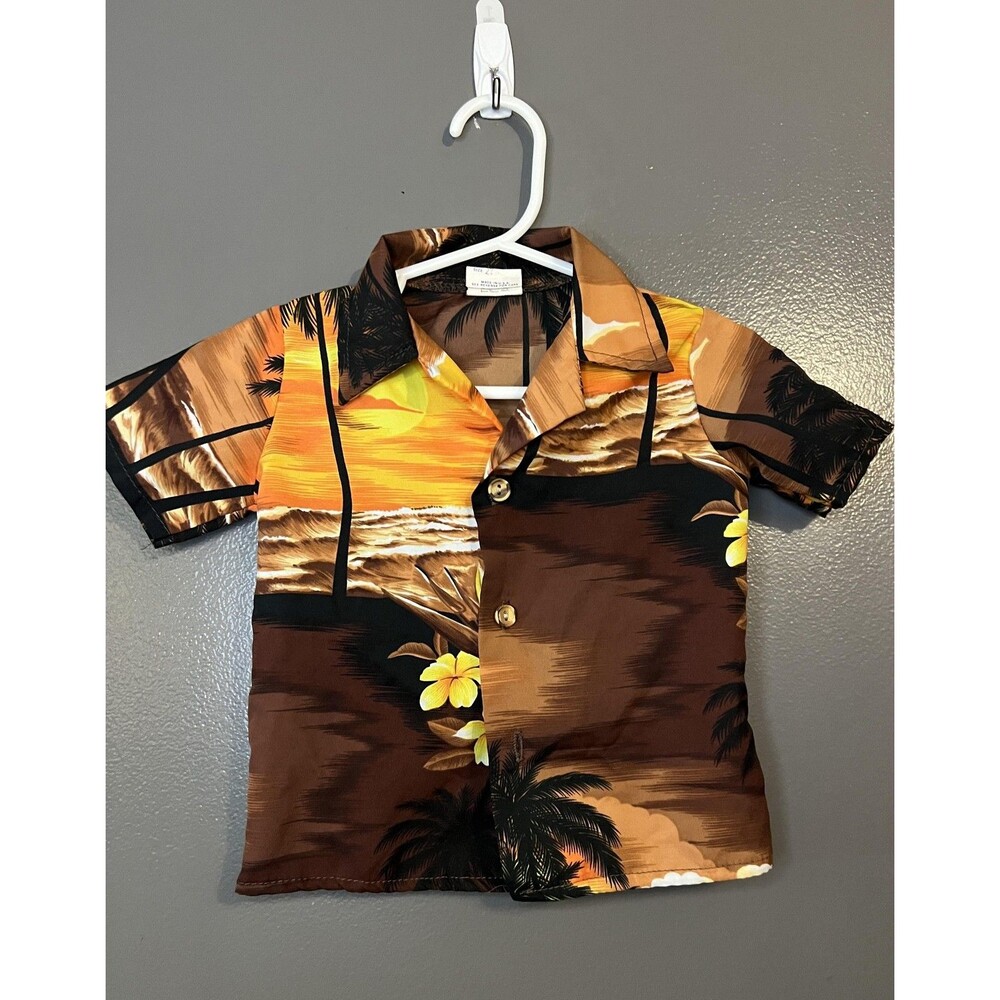 Rodeo Drive Shirt Toddler Boys 2T Brown Orange Hawaiian Aloha Sunset Made USA
